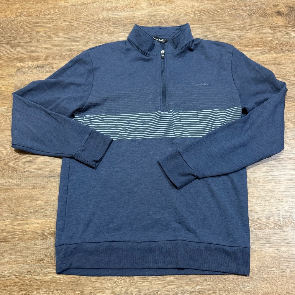 Travis Mathew Men's Blue Quarter-Zip Striped Sweater - Picture 2 of 9